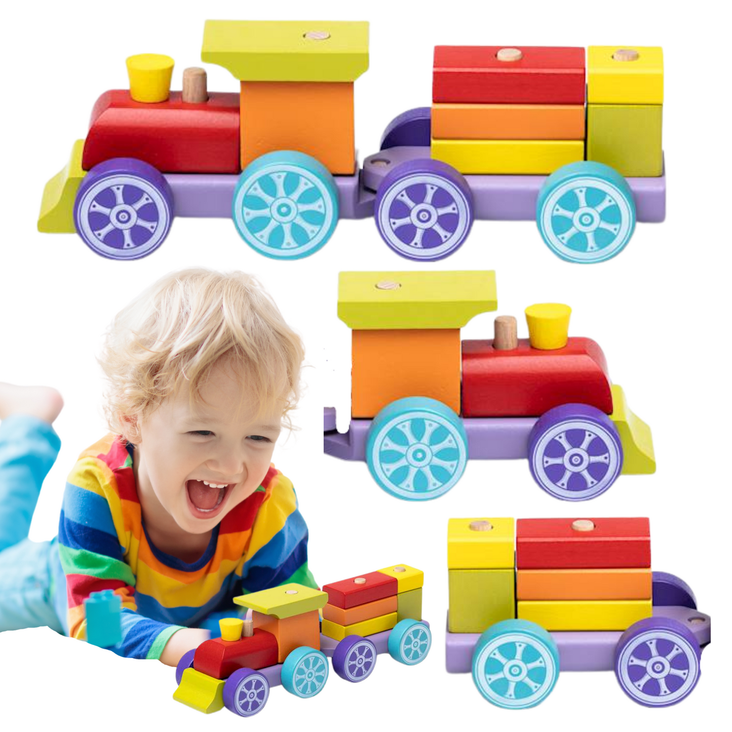 Tęczowy pociąg express z drewnianych klocków od Cubika i bawiące się nim dziecko.