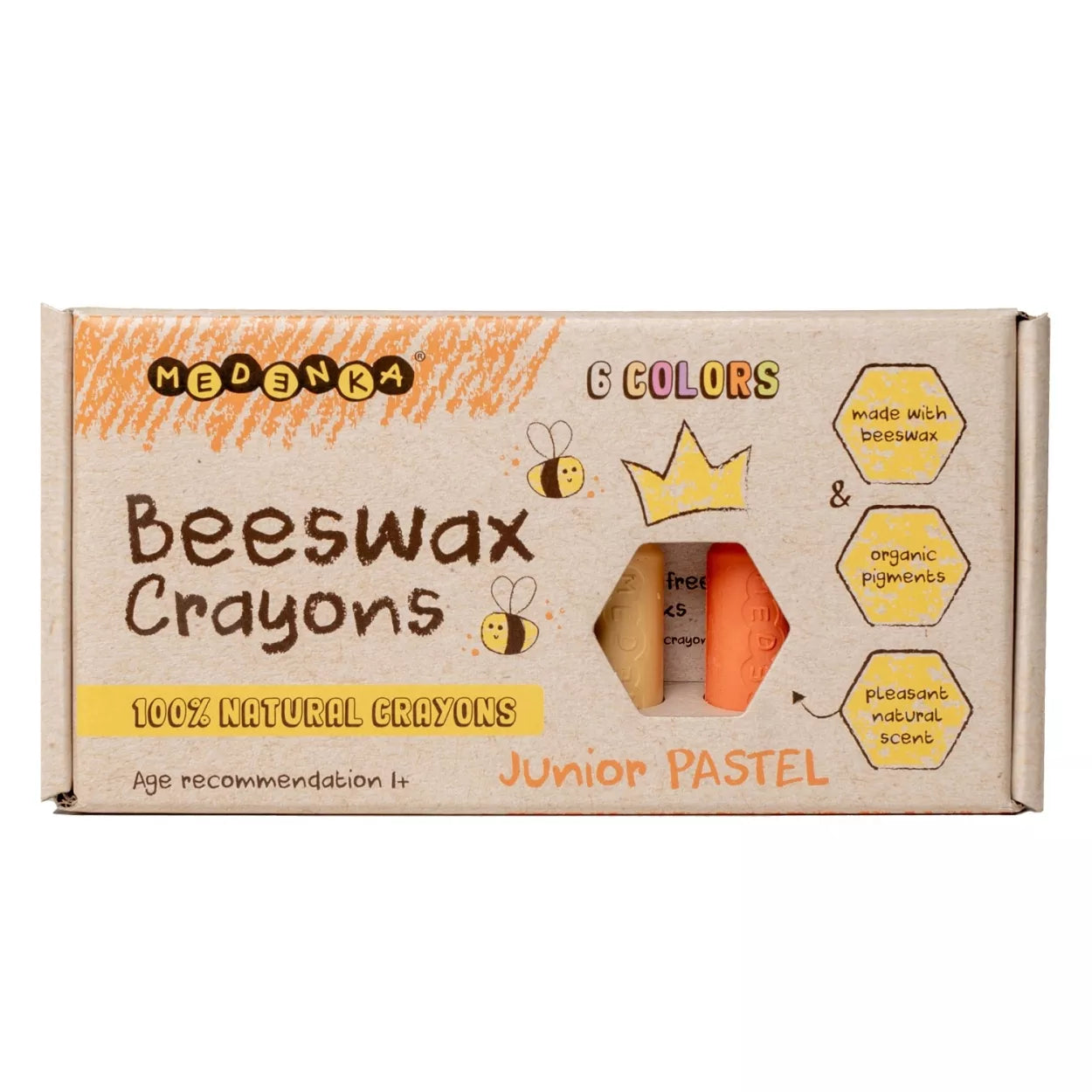 Kredki z wosku pszczelego JUNIOR PASTEL (6 kolorów) od Medenki 100%naturalne 1+