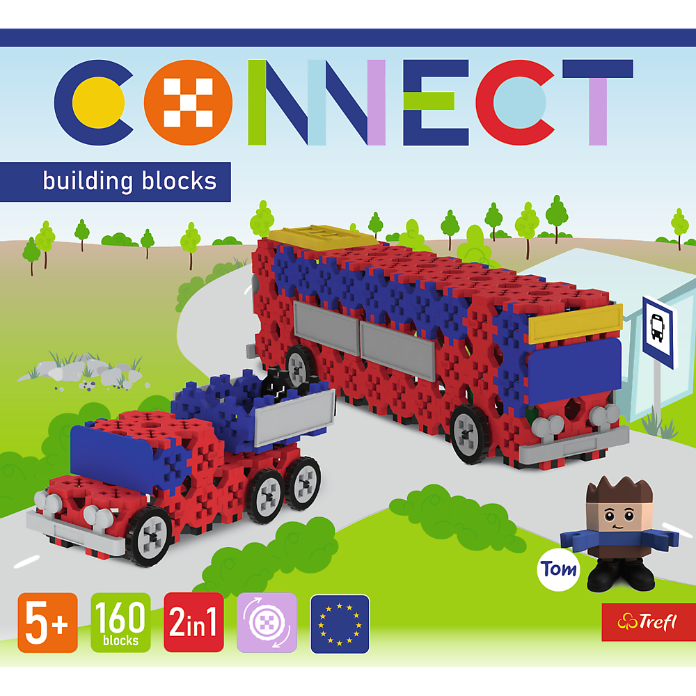 Opakowanie z klocków konstrukcyjnych Connect od firmy Trefl - widziane od góry.