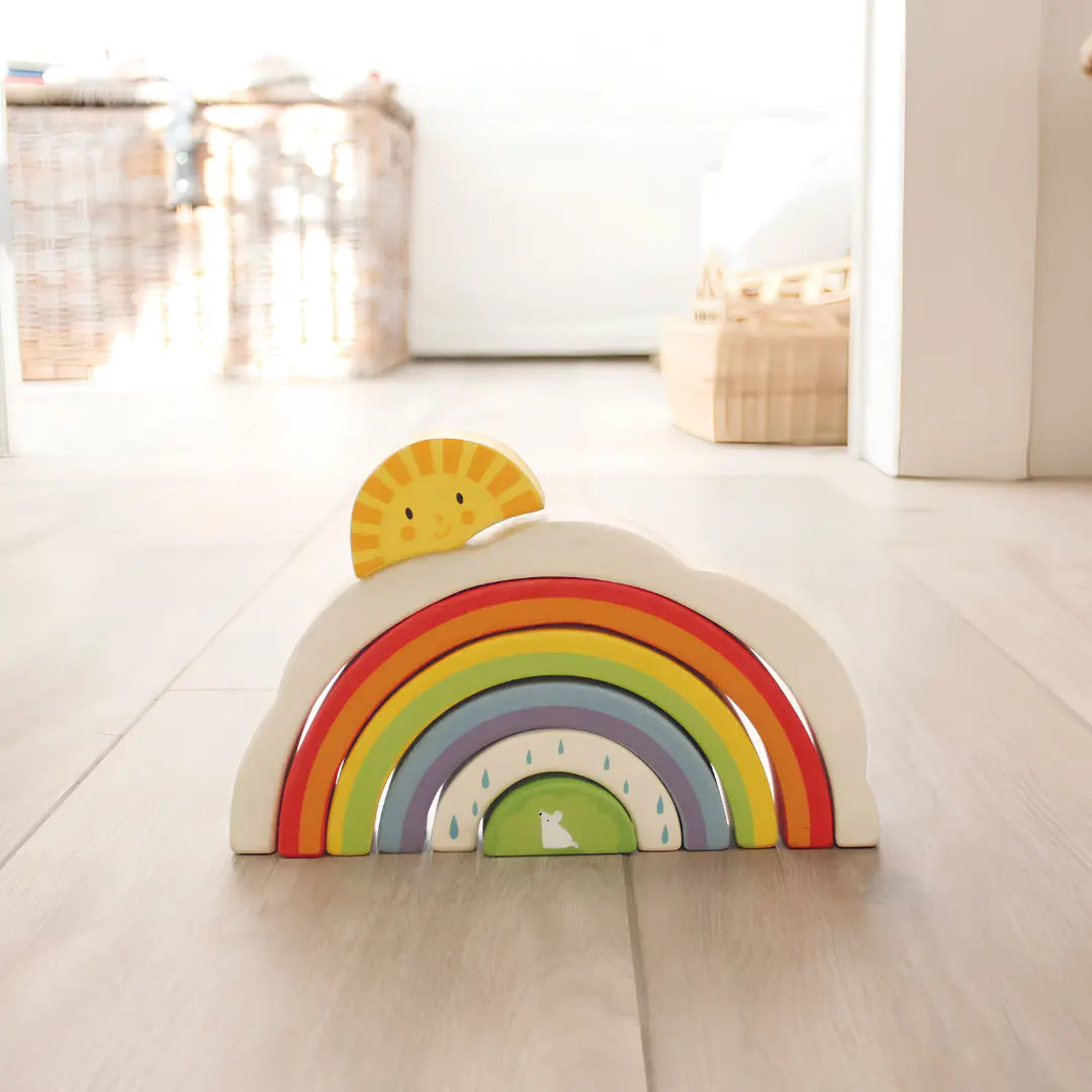 Drewniana tęcza do układania Tender Leaf Toys - elementy wykorzystywane do budowania tuneli i mostów.