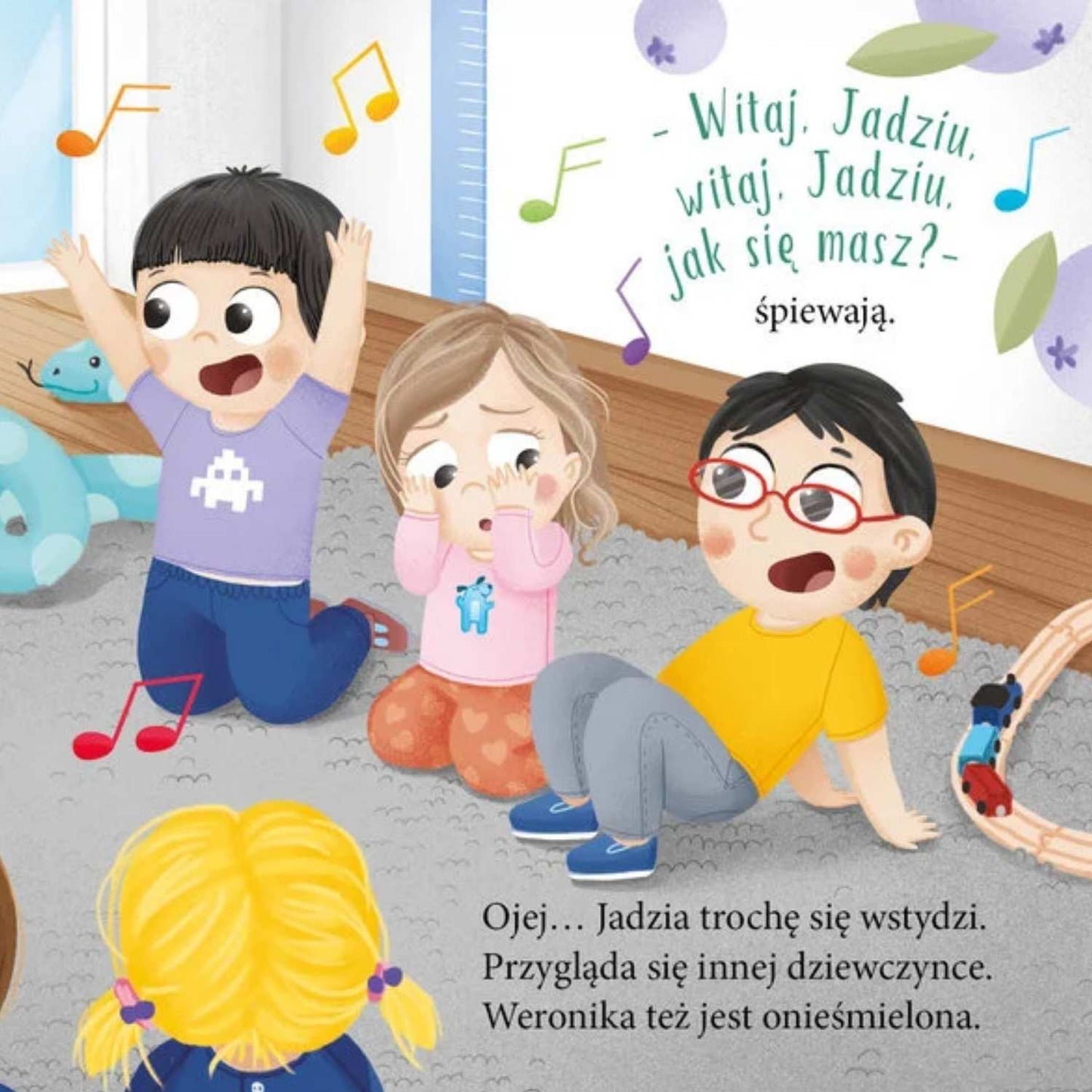 Ilustracja z książki „Jadzia Pętelka idzie do przedszkola” – scena z pierwszego dnia w grupie przedszkolnej.
