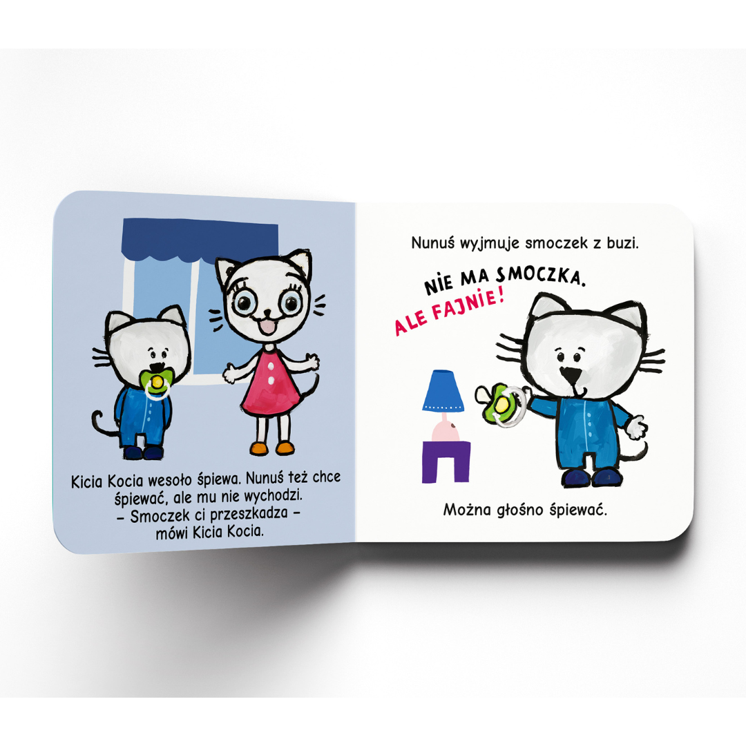 Kolorowa ilustracja z książki Kicia Kocia i Nunuś o rozstaniu ze smoczkiem - na ilustracji bohaterowie książeczki / Kraina Milusi