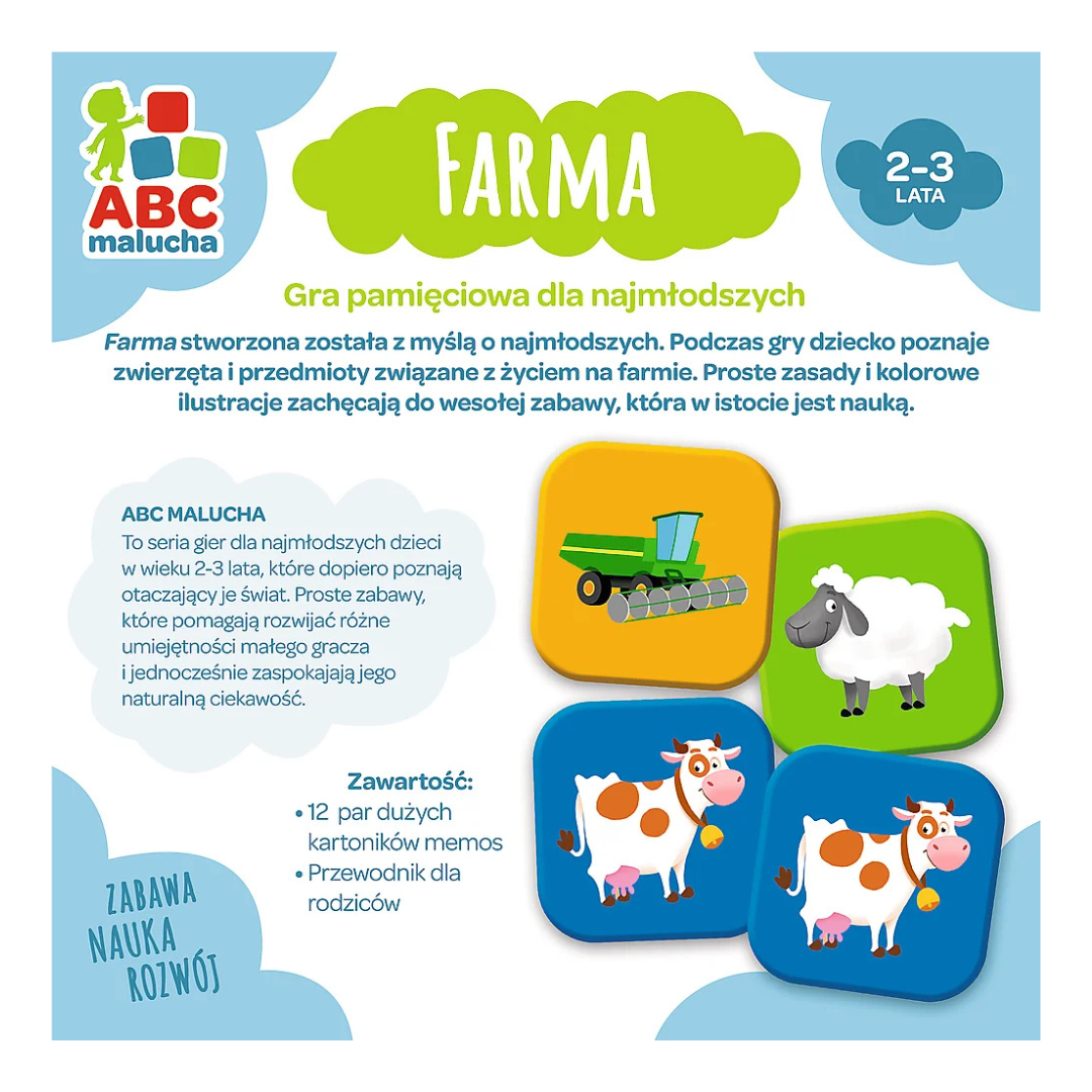 Tył okładki gry pamięciowej dla najmłodszych "Farma" od firmy Trefl.