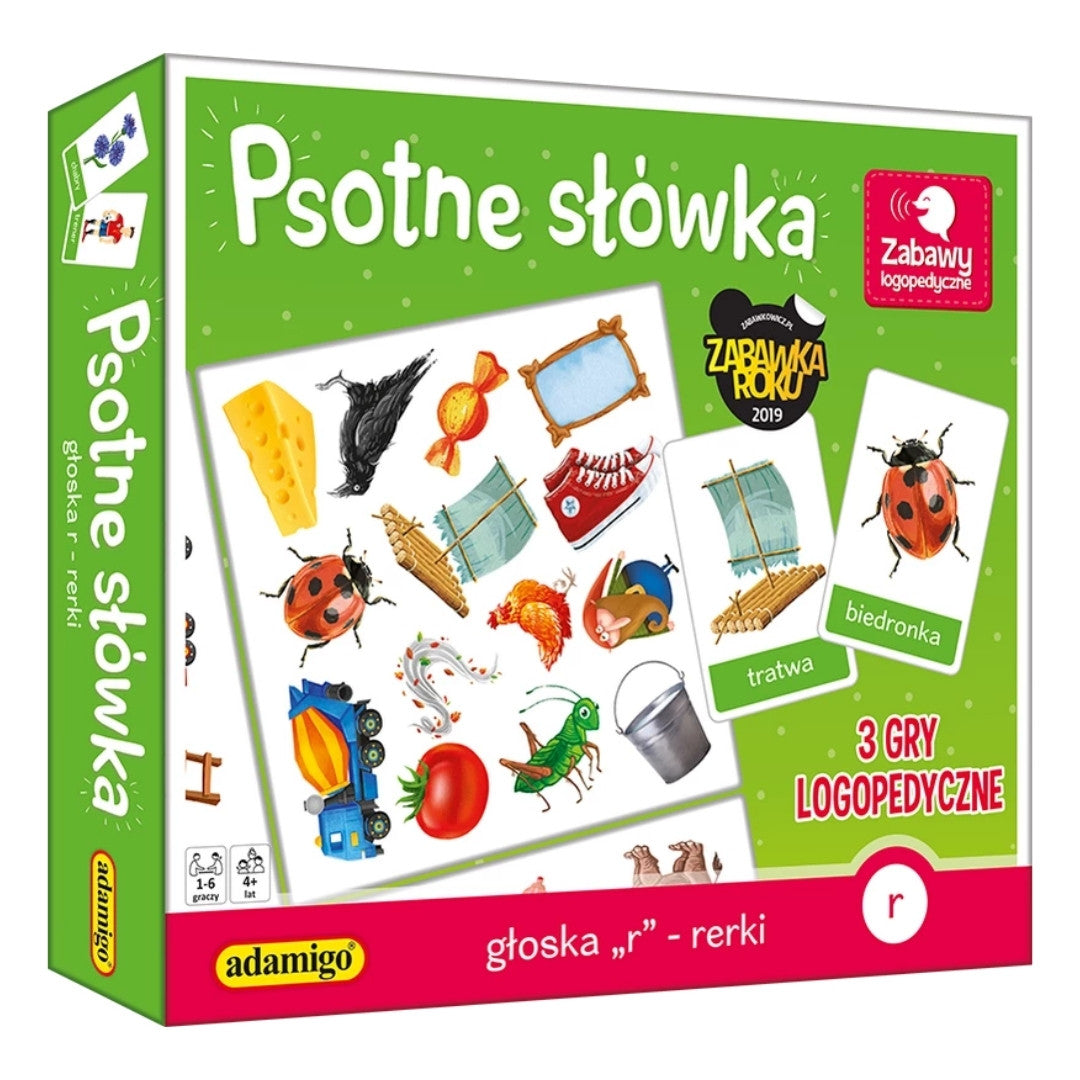 "Psotne słówka - głoska r - rerki" gra logopedyczna od Adamigo - widok z przodu.