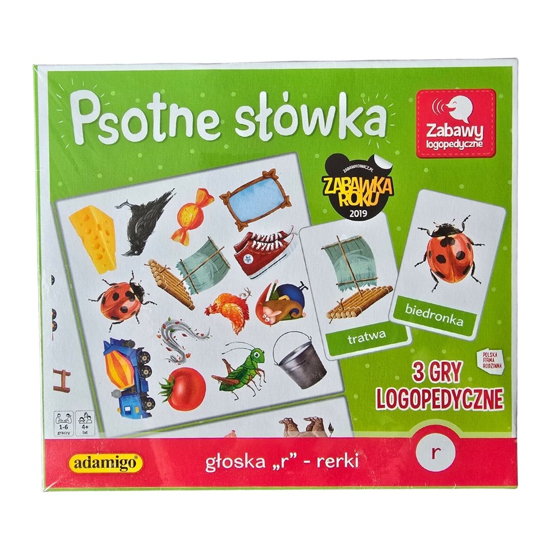 "Psotne słówka - głoska r - rerki" gra logopedyczna od Adamigo - widok z przodu.
