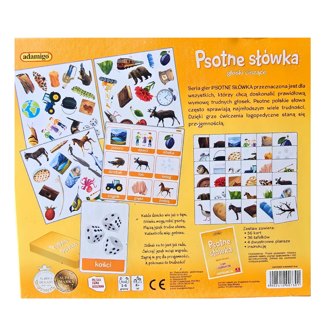 "Psotne słówka - głoski ciszące ś, ź, ć, dź" gra logopedyczna od Adamigo - tył opakowania.