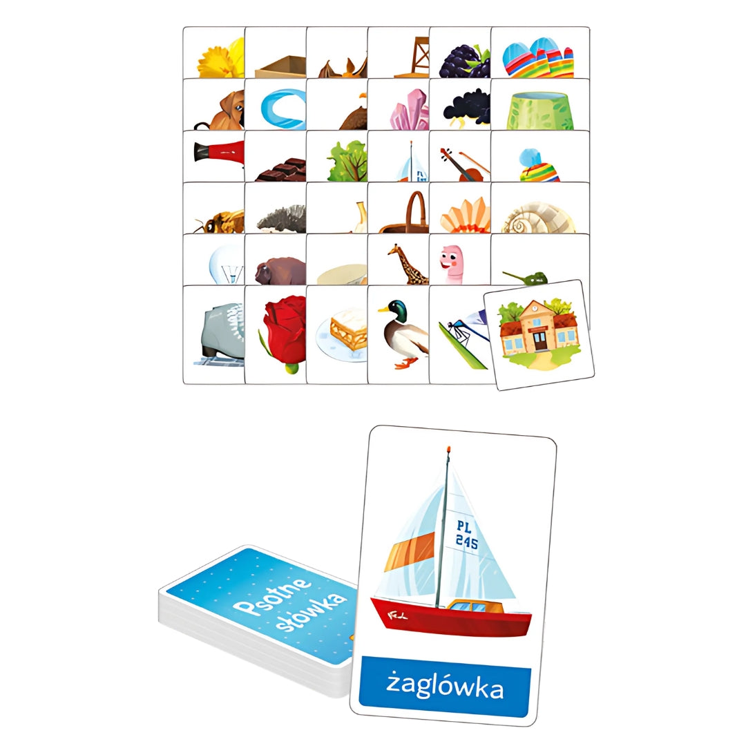 "Psotne słówka – głoski szumiące sz, cz, ż, dż" gra logopedyczna od Adamigo - zawartość opakowania.
