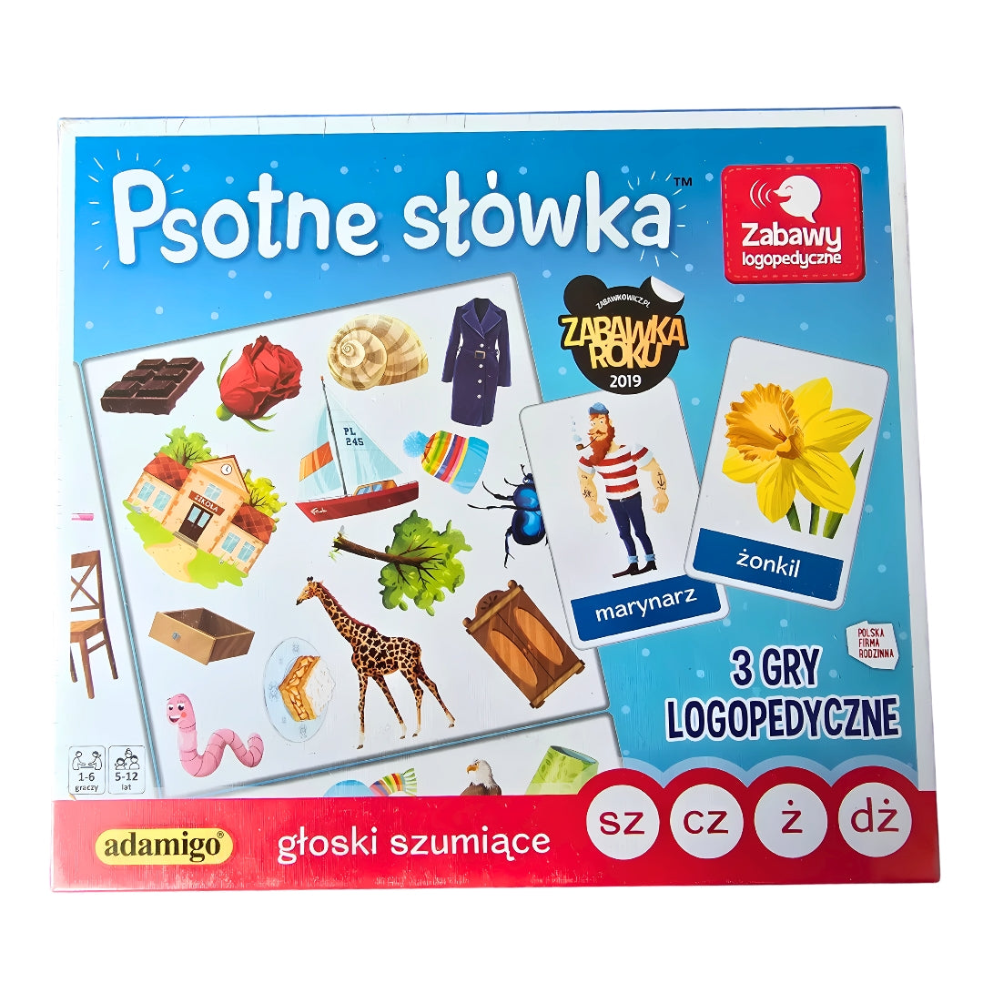 "Psotne słówka – głoski szumiące sz, cz, ż, dż" gra logopedyczna od Adamigo - przód opakowania.