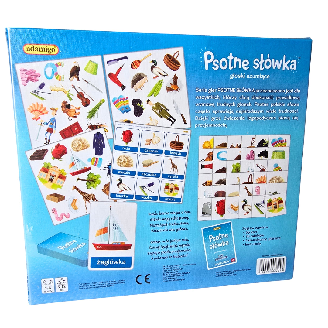 "Psotne słówka – głoski szumiące sz, cz, ż, dż" gra logopedyczna od Adamigo - tył opakowania.