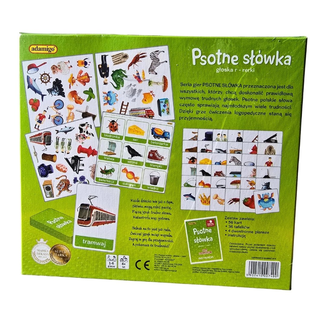 "Psotne słówka - głoska r - rerki" gra logopedyczna od Adamigo - widok z tyłu.