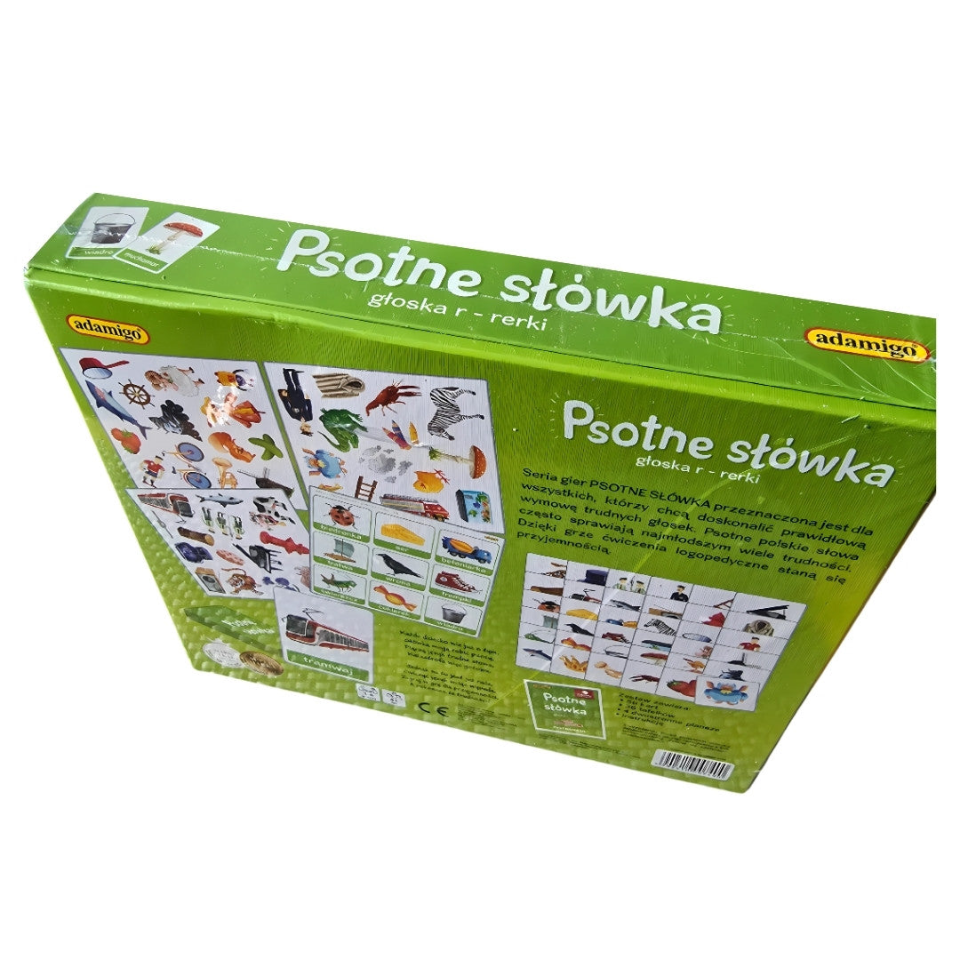 "Psotne słówka - głoska r - rerki" gra logopedyczna od Adamigo - widok z tyłu.