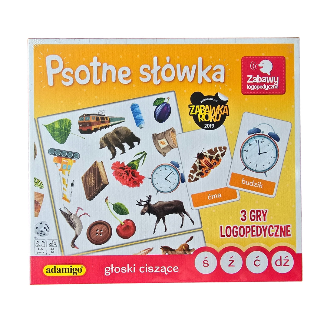 "Psotne słówka - głoski ciszące ś, ź, ć, dź" gra logopedyczna od Adamigo - przód opakowania.