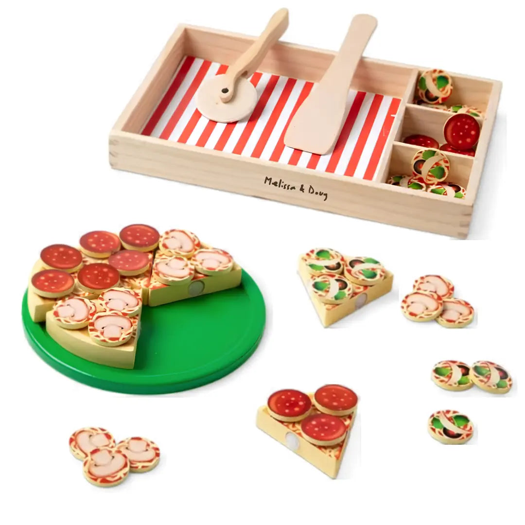 Drewniana Pizza Party Melissa & Doug z łopatką i tacą do serwowania.