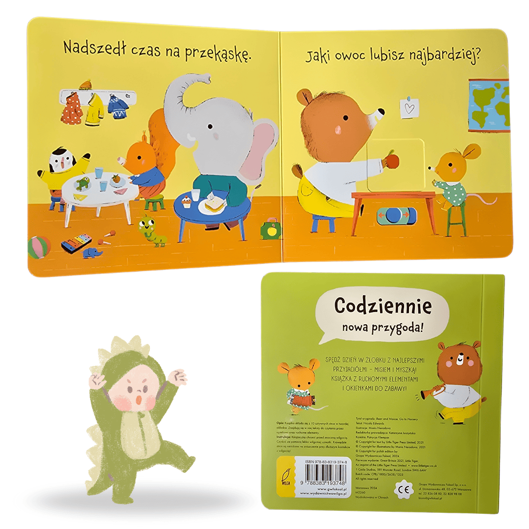 Tył okładki książki "Miś i Myszka w żłobku" od Wydawnictwa Wilga oraz karty z ilustracjami.