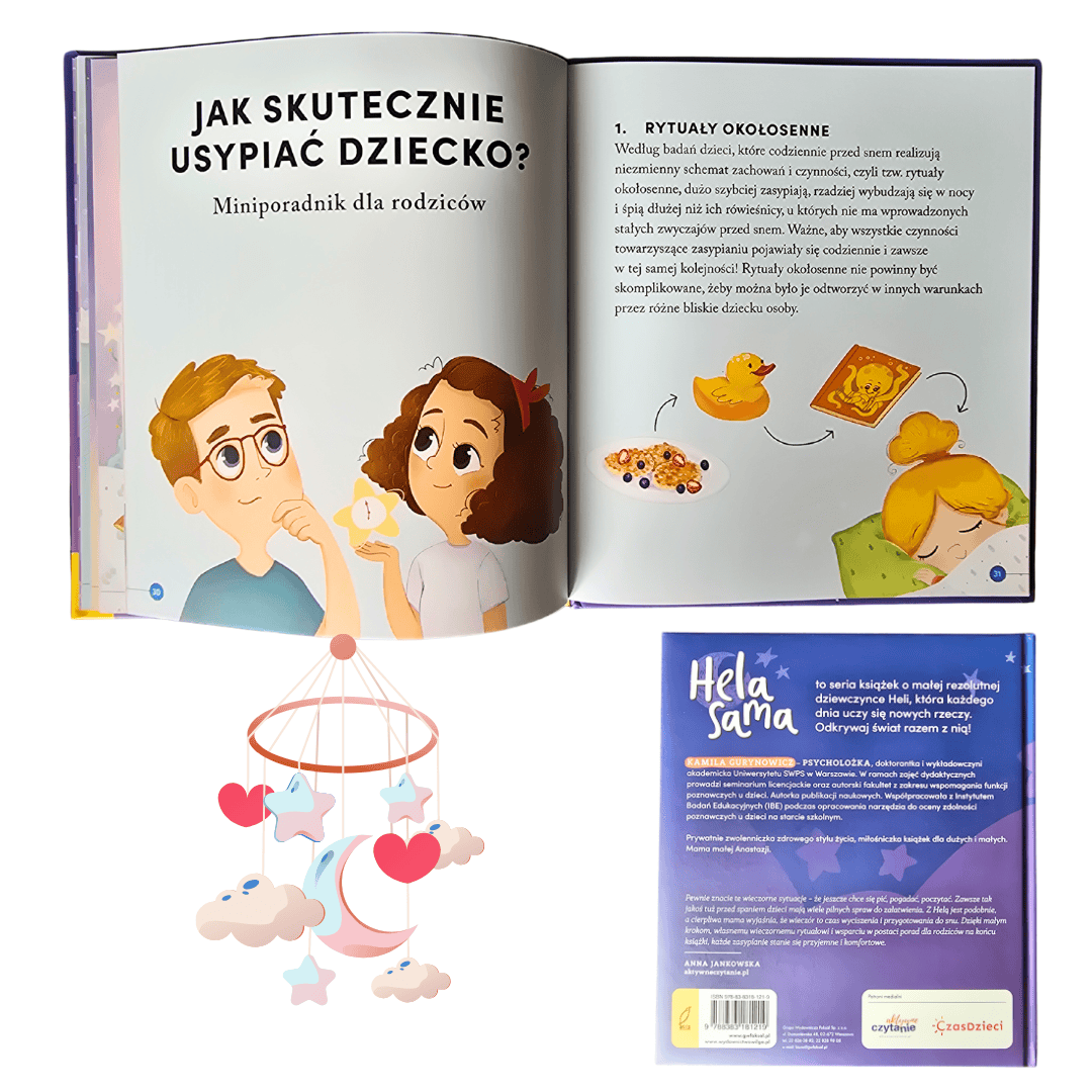 Przód okładki "Hela sama zasypia" od Wydawnictwa Wilga oraz karty książki.