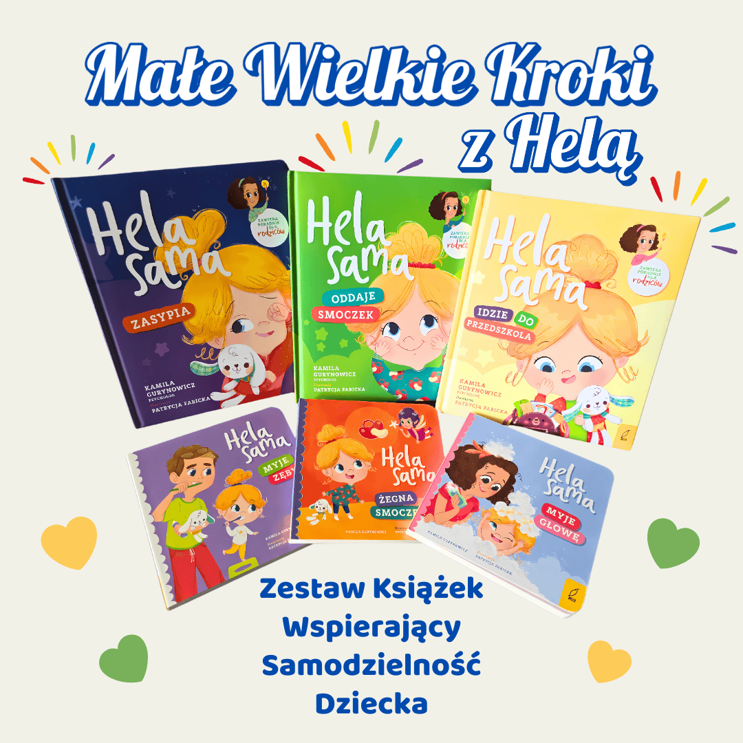 Zdjęcie promujące zestaw "Małe Wielkie Kroki z Helą - zestaw książek wspierający samodzielność dziecka" | Kraina Milusi.
