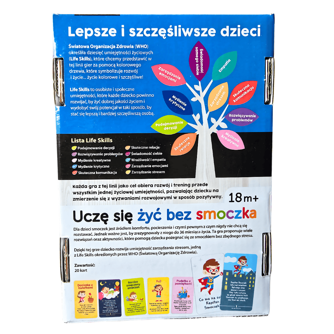 Tył opakowania "Uczę się żyć bez smoczka" gra dla dzieci z serii Life Skills od Lisciani 18m+