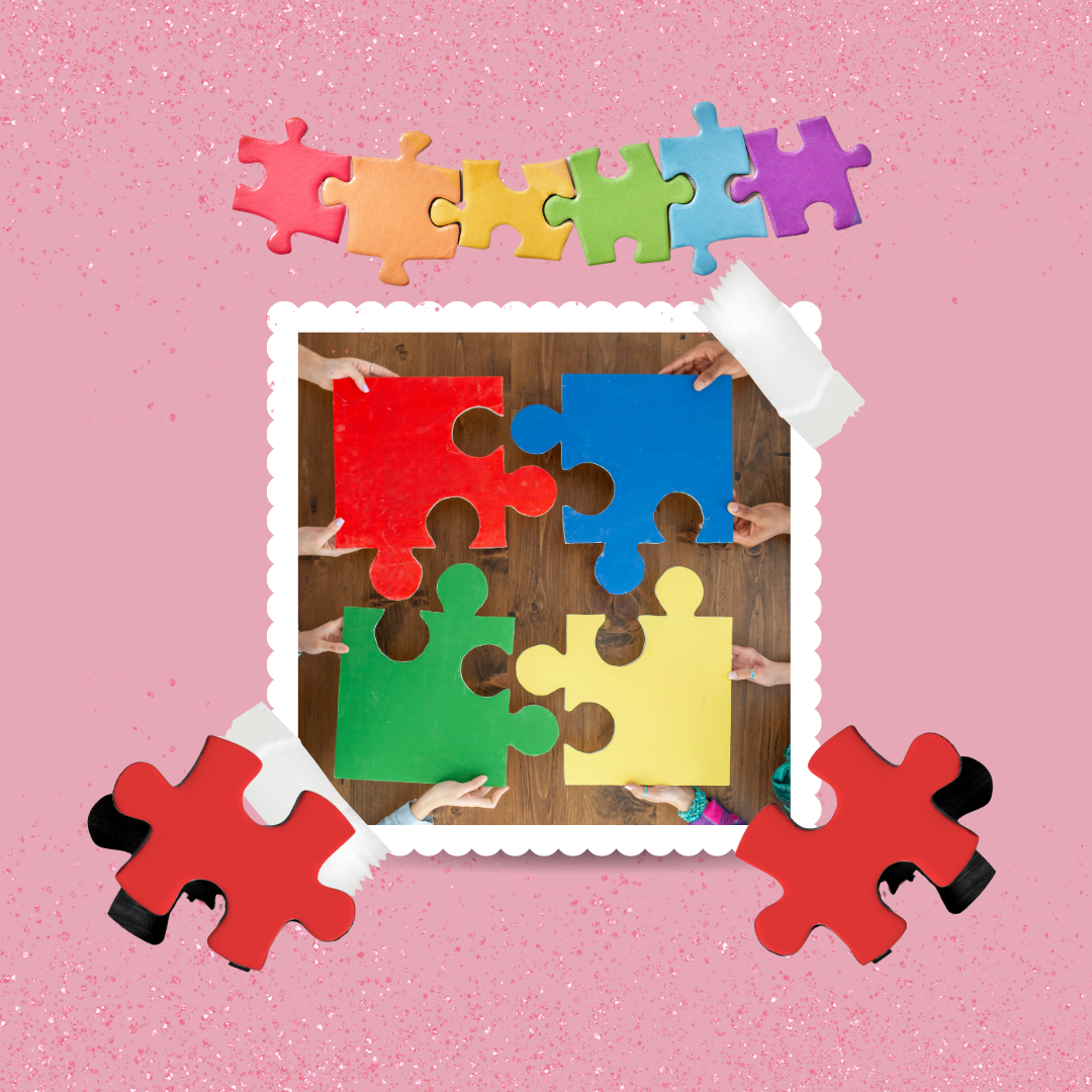 Na różowym tle kolorowe puzzle - Kraina Milusi