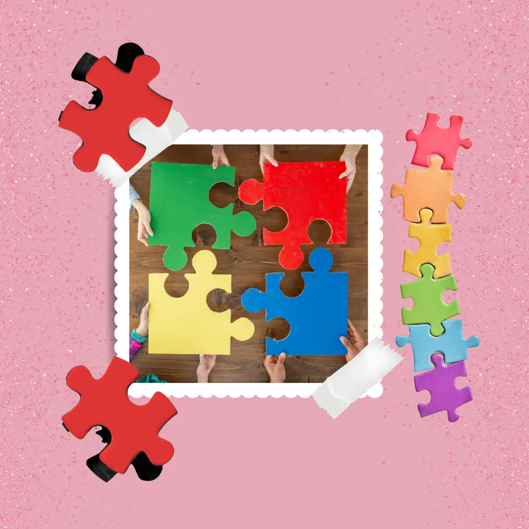 Na różowym tle kolorowe puzzle - Kraina Milusi
