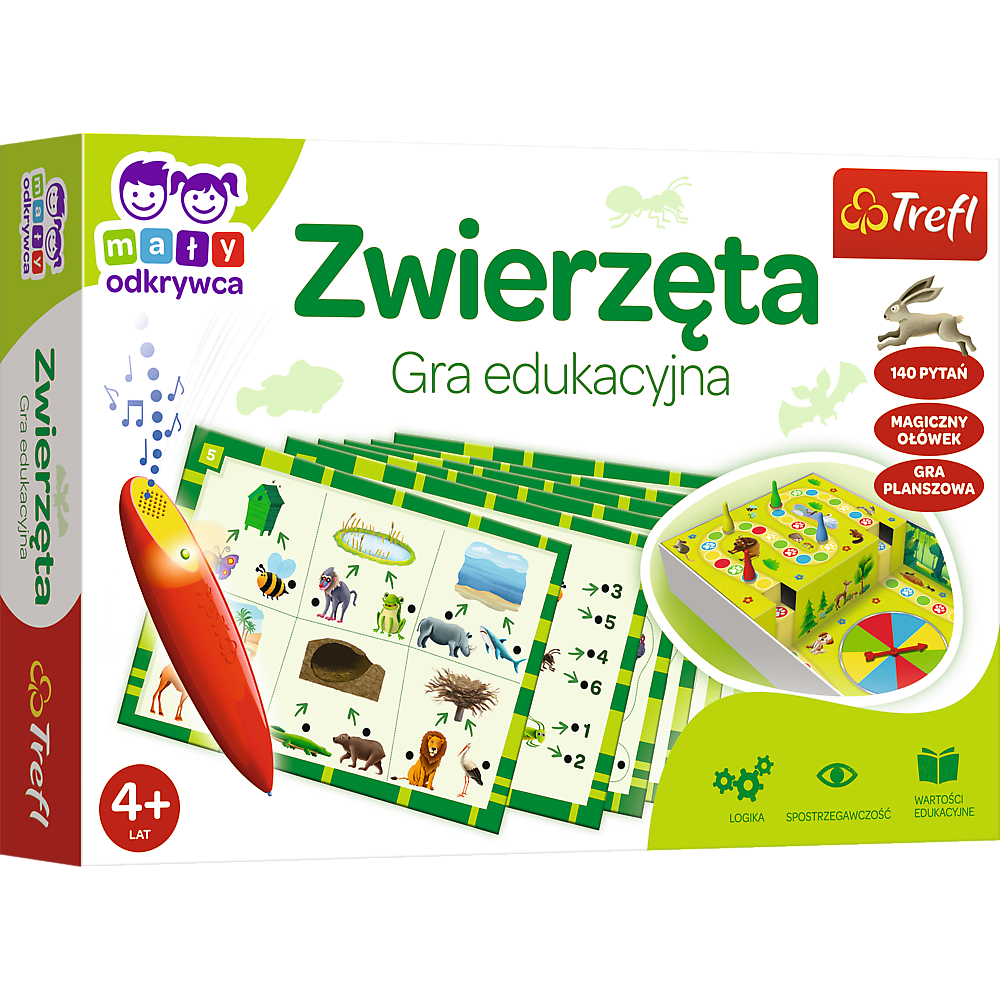 Okładka gry „Zwierzęta: Magiczny Ołówek” – kolorowa ilustracja przedstawiająca elementy gry i magiczny ołówek.