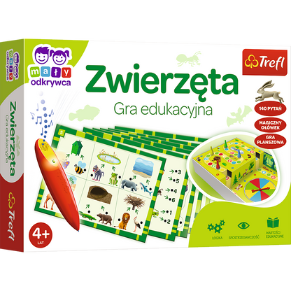 Okładka gry „Zwierzęta: Magiczny Ołówek” – kolorowa ilustracja przedstawiająca elementy gry i magiczny ołówek.