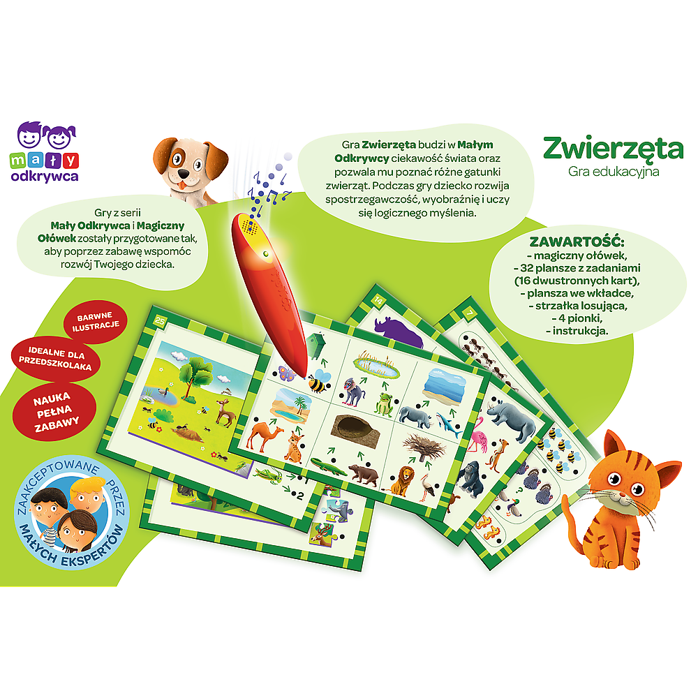 Zawartość opakowania gry „Zwierzęta: Magiczny Ołówek” – plansze z zadaniami, magiczny ołówek i napisy z ogólnymi założeniami gry oraz  wyszczególnioną zawartością opakowania.
