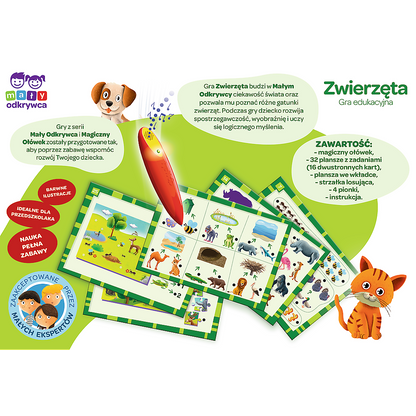 Zawartość opakowania gry „Zwierzęta: Magiczny Ołówek” – plansze z zadaniami, magiczny ołówek i napisy z ogólnymi założeniami gry oraz  wyszczególnioną zawartością opakowania.
