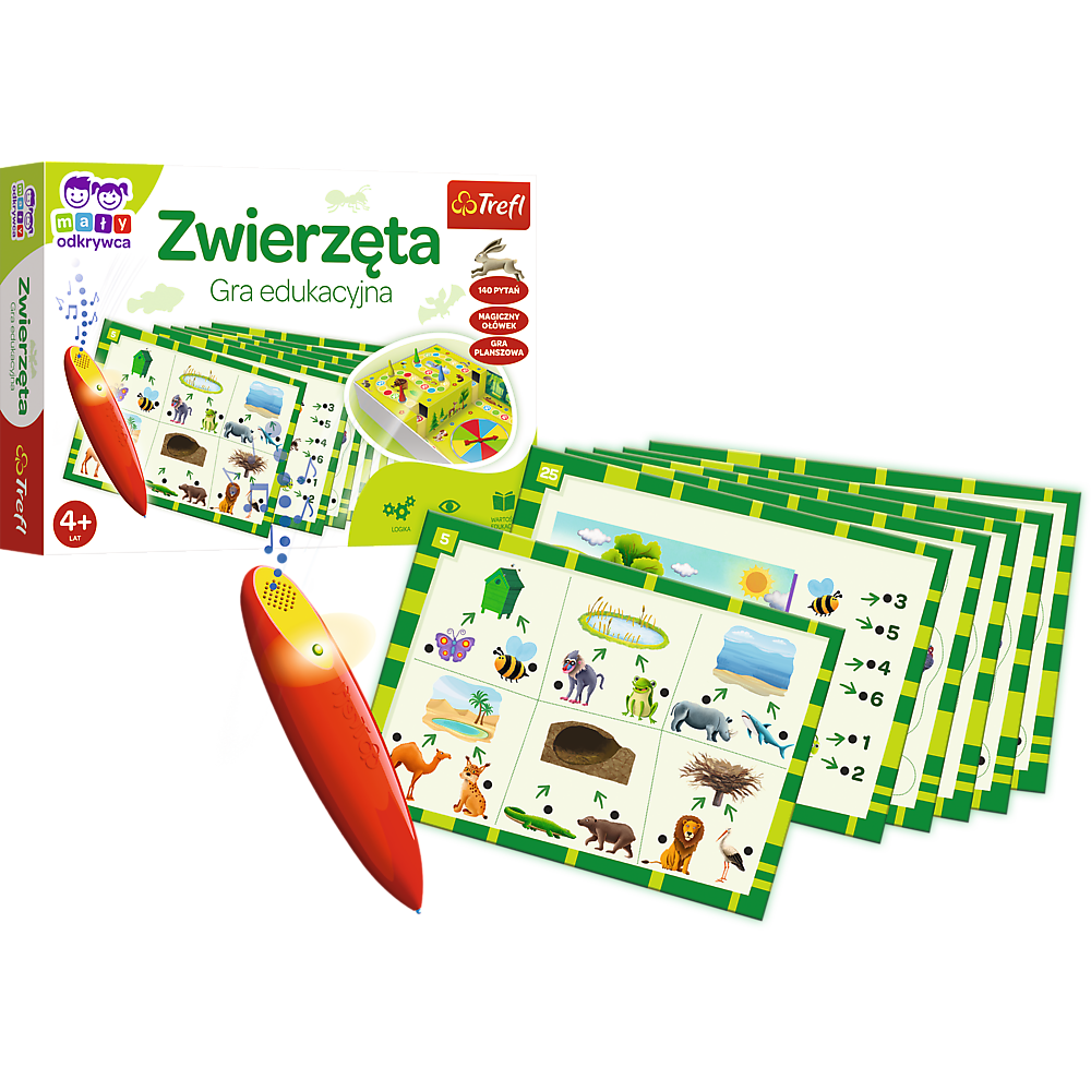Zawartość opakowania gry „Zwierzęta: Magiczny Ołówek” (plansze z zadaniami oraz magiczny ołówek) na tle opakowania.
