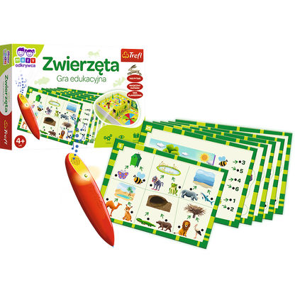 Zawartość opakowania gry „Zwierzęta: Magiczny Ołówek” (plansze z zadaniami oraz magiczny ołówek) na tle opakowania.