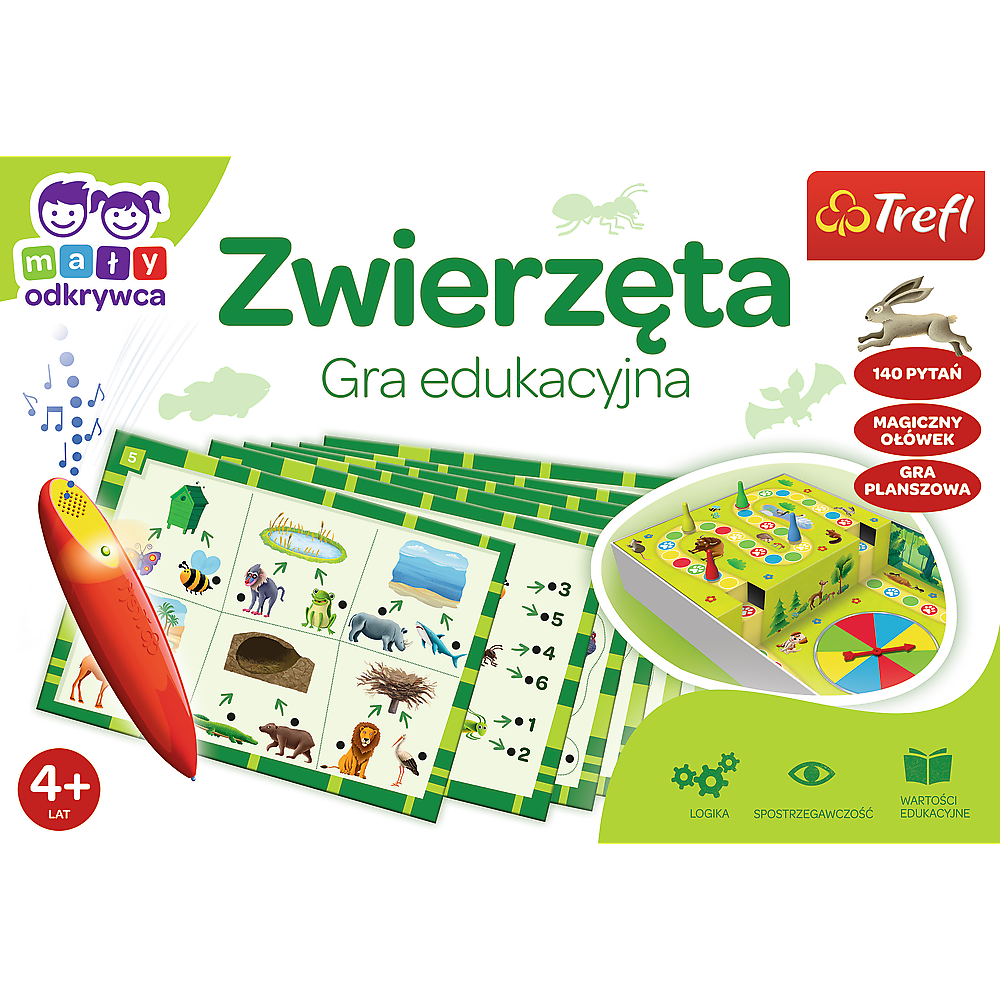 Okładka gry „Zwierzęta: Magiczny Ołówek” – kolorowa ilustracja przedstawiająca elementy gry i magiczny ołówek.