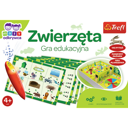 Okładka gry „Zwierzęta: Magiczny Ołówek” – kolorowa ilustracja przedstawiająca elementy gry i magiczny ołówek.