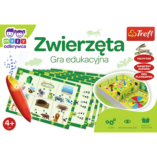 Okładka gry „Zwierzęta: Magiczny Ołówek” – kolorowa ilustracja przedstawiająca elementy gry i magiczny ołówek.