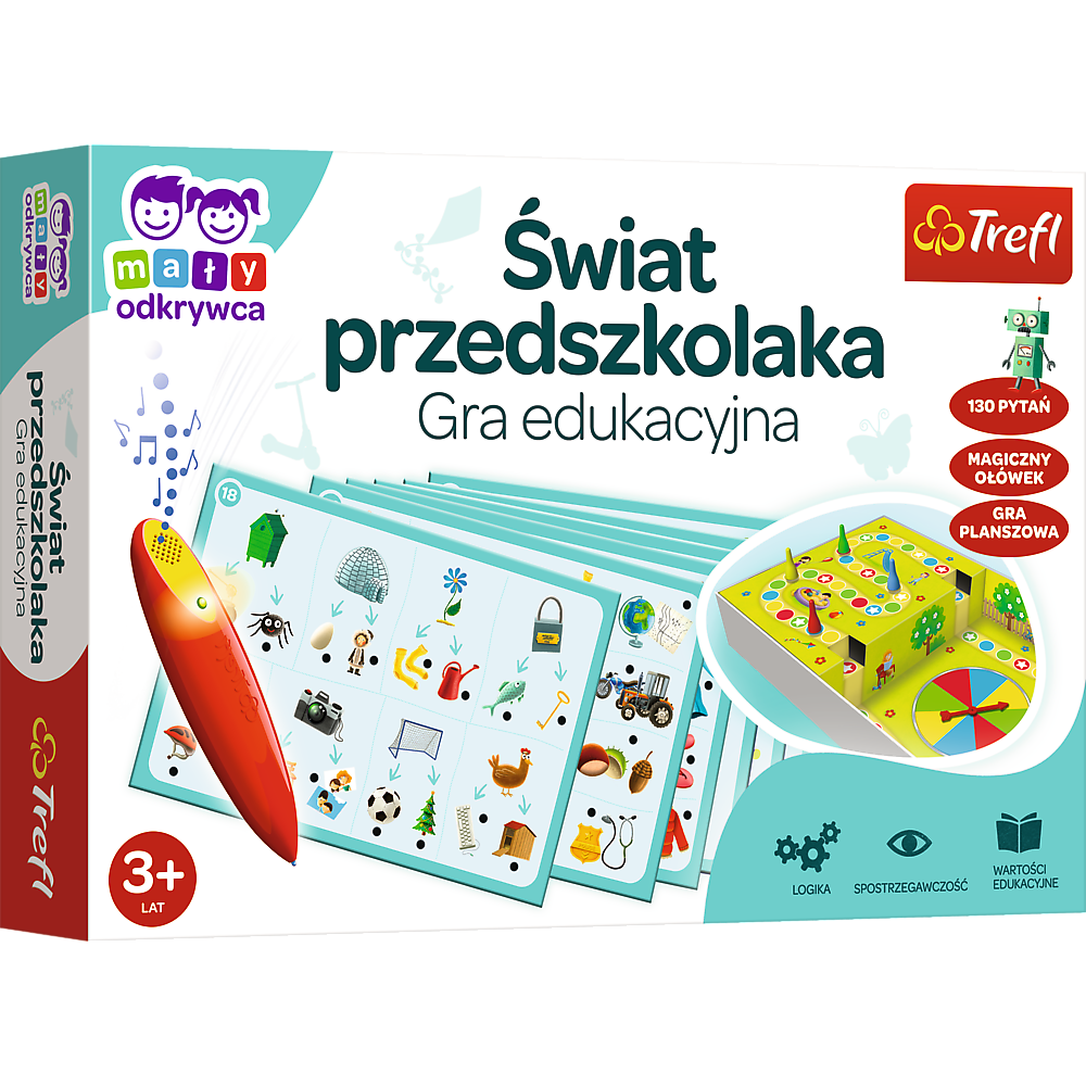 Okładka gry „Świat Przedszkolaka: Magiczny Ołówek” – kolorowa ilustracja przedstawiająca elementy gry i magiczny ołówek.