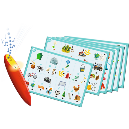 Zawartość opakowania gry „Świat Przedszkolaka: Magiczny Ołówek” – plansze z zadaniami oraz magiczny ołówek.