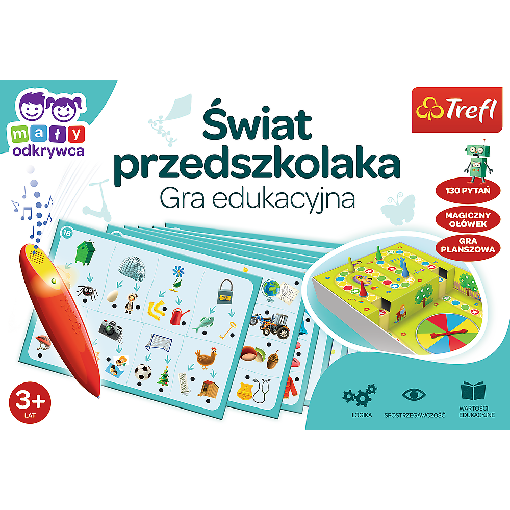 Okładka gry „Świat Przedszkolaka: Magiczny Ołówek” – kolorowa ilustracja przedstawiająca elementy gry i magiczny ołówek.