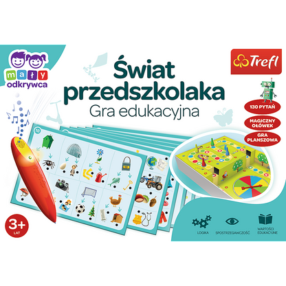 Okładka gry „Świat Przedszkolaka: Magiczny Ołówek” – kolorowa ilustracja przedstawiająca elementy gry i magiczny ołówek.