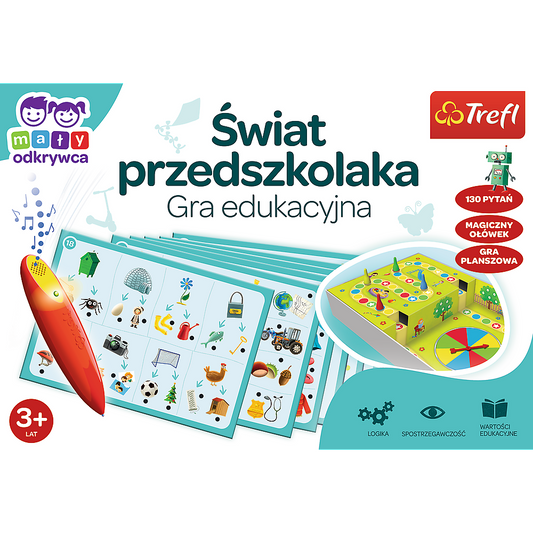 Okładka gry „Świat Przedszkolaka: Magiczny Ołówek” – kolorowa ilustracja przedstawiająca elementy gry i magiczny ołówek.