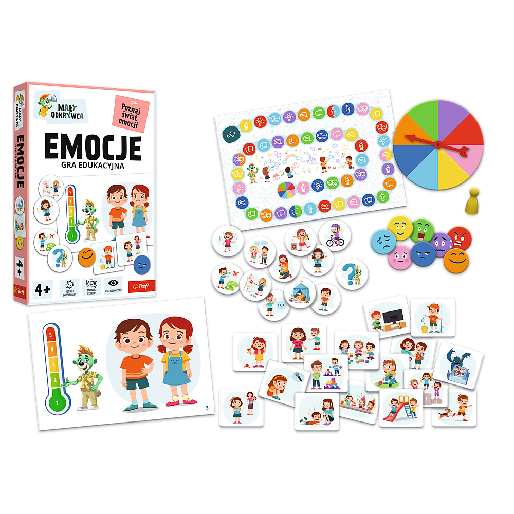 Po lewej okładka gry edukacyjnej "Emocje", po prawej elementy gry.