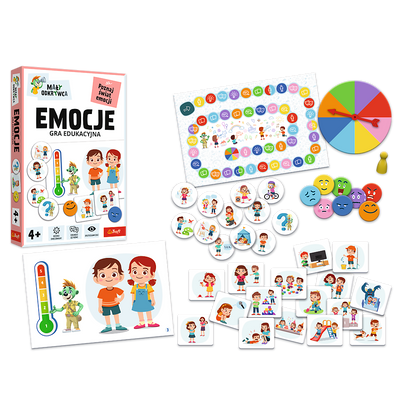 Po lewej okładka gry edukacyjnej "Emocje", po prawej elementy gry.