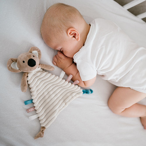 Niemowlak śpiący obok przytulanki - kocyka "Koala Charlie" od Babyono.