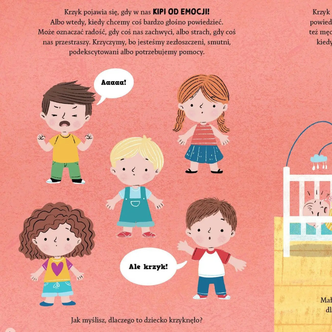 Wnętrze książki Ale Krzyk – ilustracja  przedstawiająca dzieci.