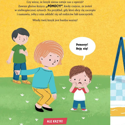 Wnętrze książki Ale Krzyk – ilustracja dziecka, które boi się - obok mama, która rozmawia z dzieckiem. 