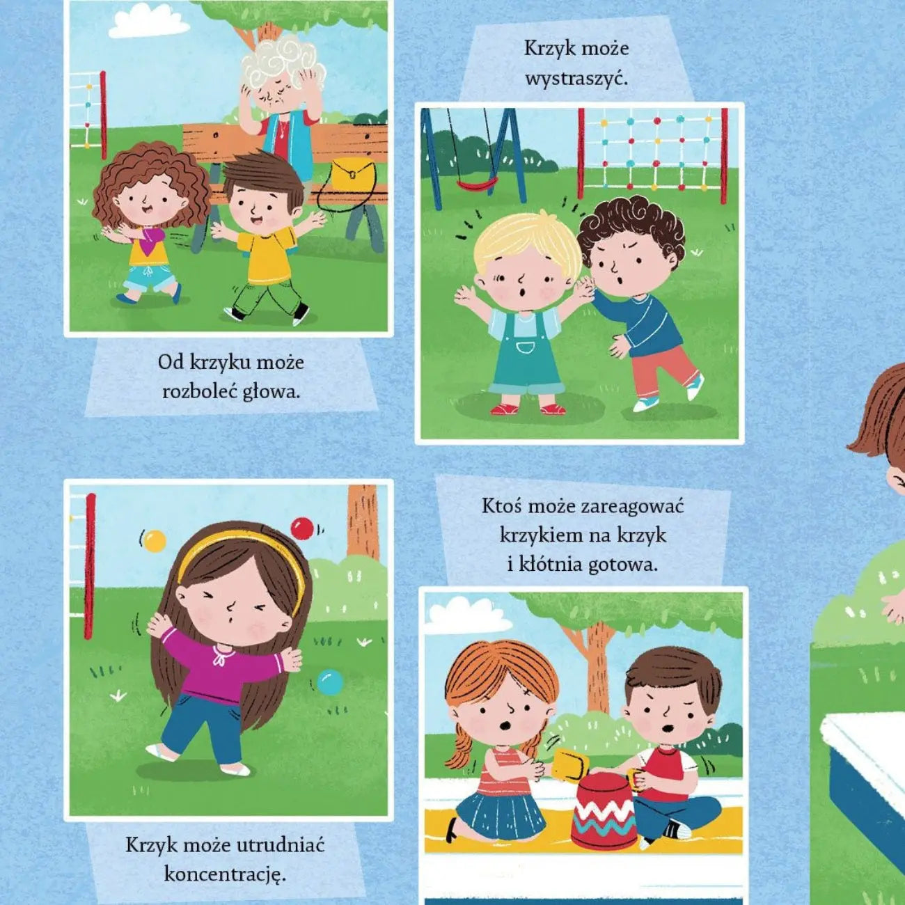 Wnętrze książki Ale Krzyk – ilustracja  z bawiącymi się dziećmi.