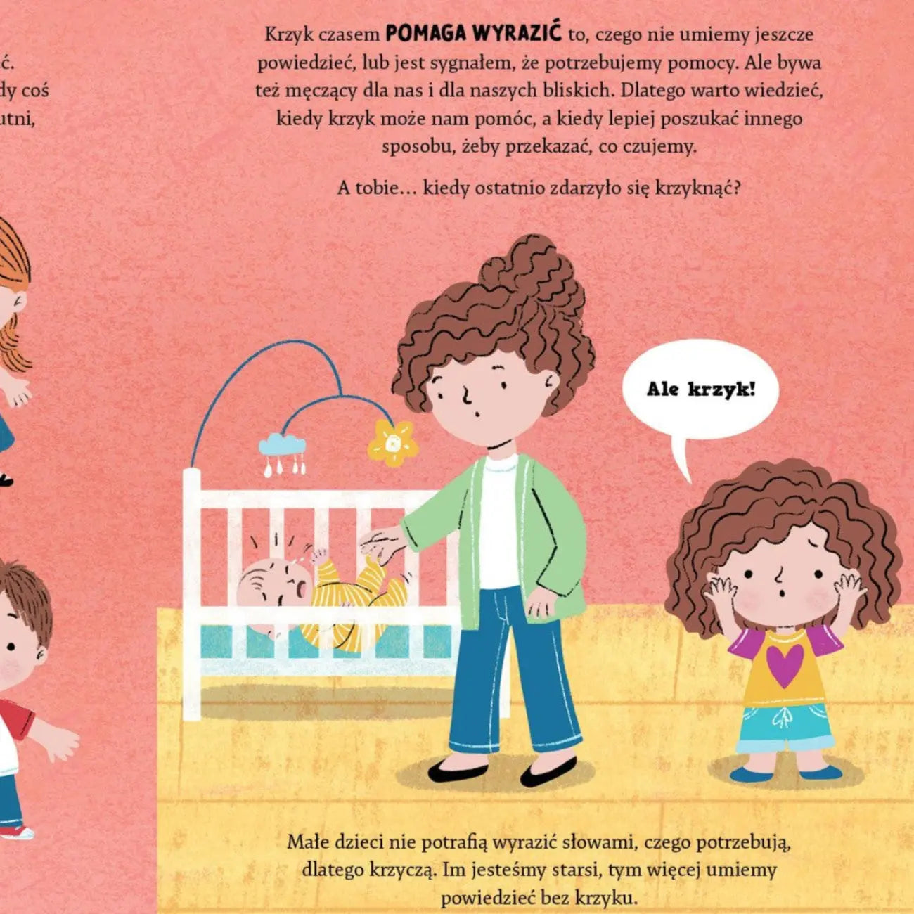 Wnętrze książki Ale Krzyk – ilustracja dzieci z mamą.