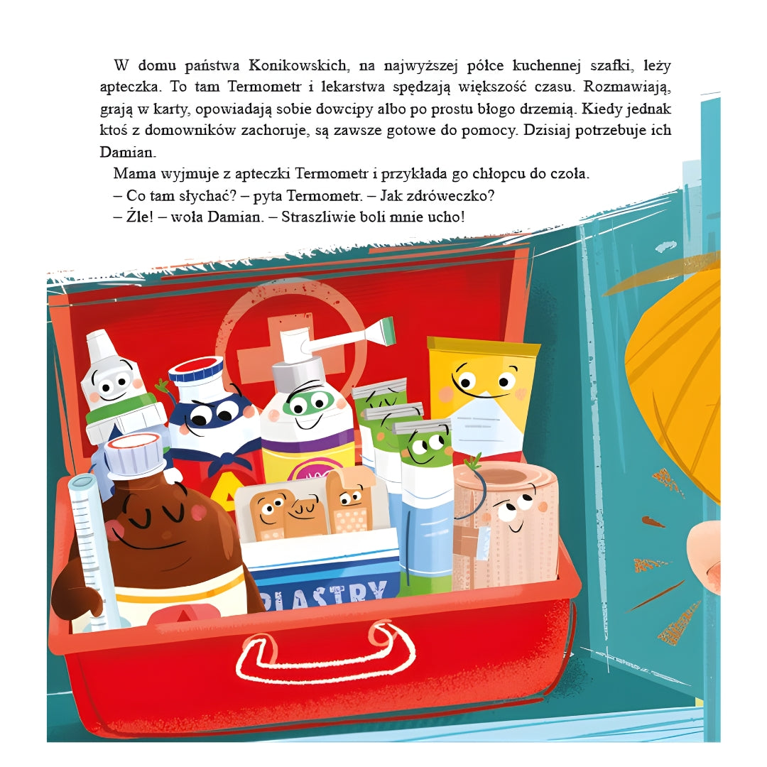 Książka edukacyjna o chorowaniu dla dzieci 3–5 lat, ilustracje Wojciecha Stachyry.