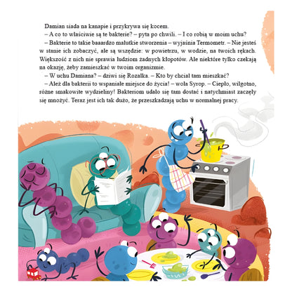 Ilustrowana książka dla przedszkolaków wyjaśniająca chorobę i gorączkę - ilustracja z książki.