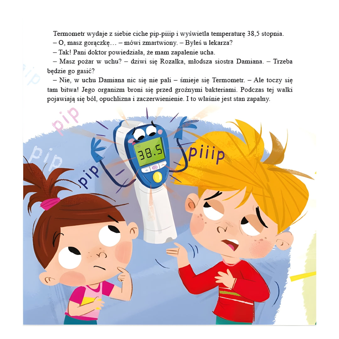 Kolorowe ilustracje w książce „Chorowanie” - oswajanie chorowania u dzieci.