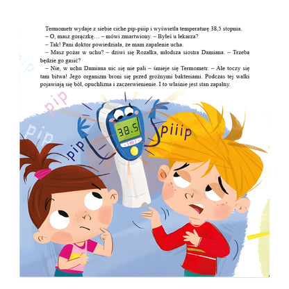 Kolorowe ilustracje w książce „Chorowanie” - oswajanie chorowania u dzieci.