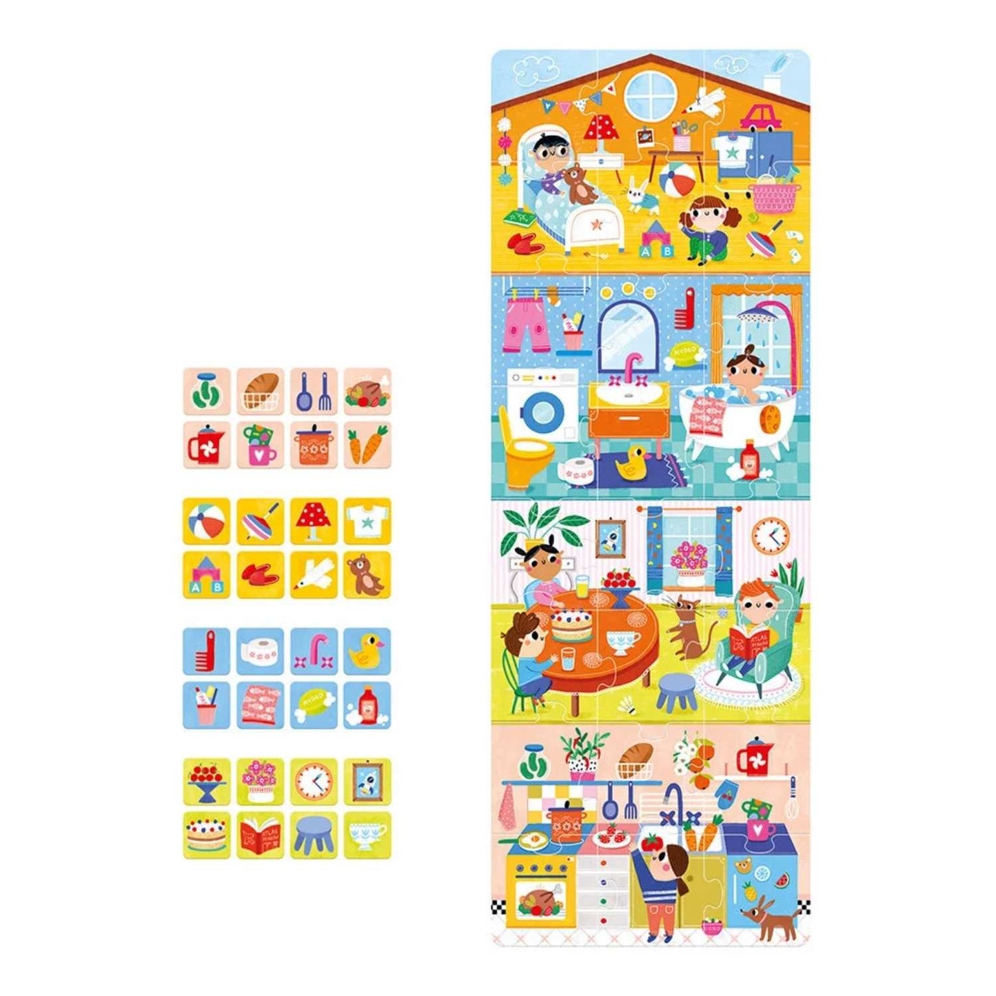 Zestaw edukacyjnych puzzli CzuCzu dla dzieci 2+, 3+ – widok ułożonego domku 23×66 cm – ilustracje kuchni, pokoju dziecięcego, salonu i łazienki.