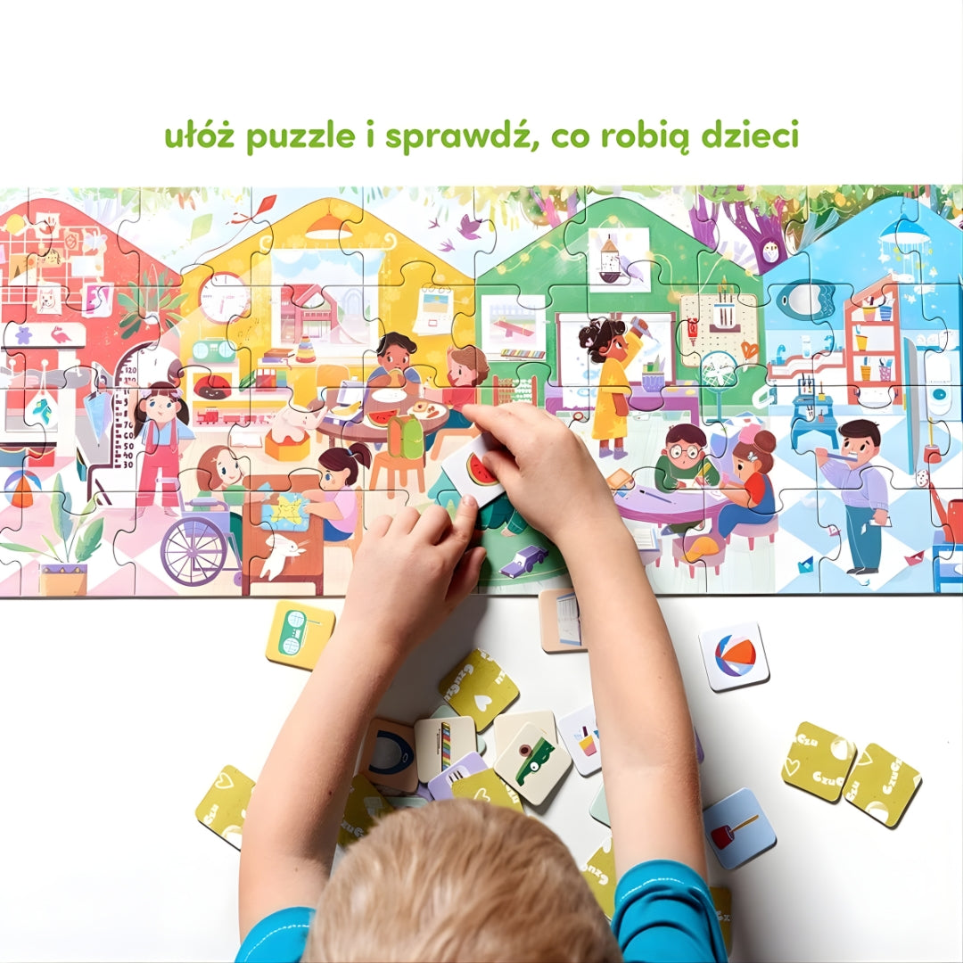 Puzzle Co robimy w przedszkolu - ćwiczenie spostrzegawczości dziecka. Dziecko podczas zabawy.